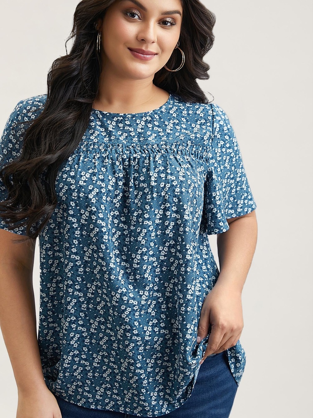 BloomChic Floral Ruffle Sleeve Gathered Round Neck Blouse
